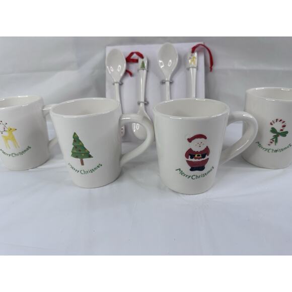 BIA Happy Holidays Set of 4 Christmas Mugs & Matching Ceramic Spoons Cordon Bleu - Picture 4 of 8